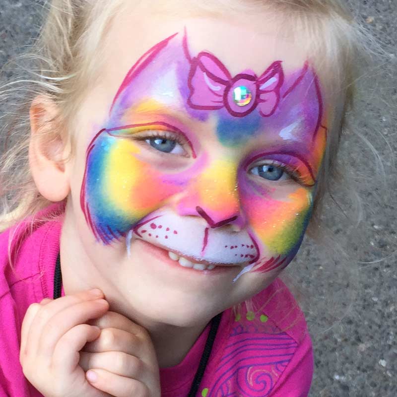 Rainbow kitty cat painted by Auntie Stacey's Face Painting