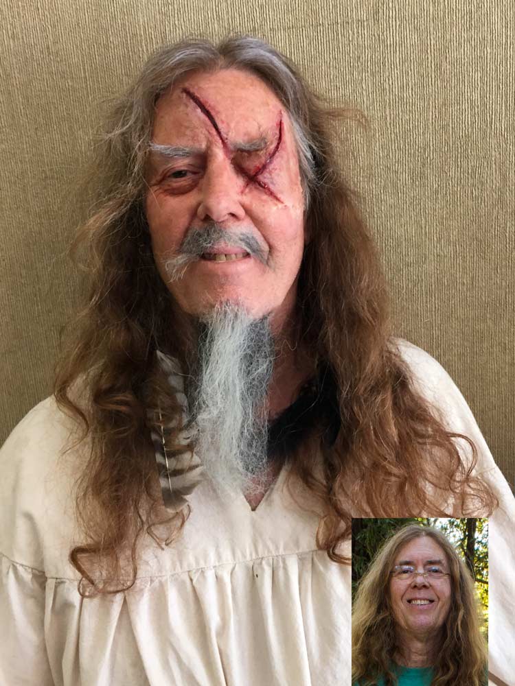 Odin the Norse God make up by Auntie Stacey Dennick with two part silicone prosthetic appliances