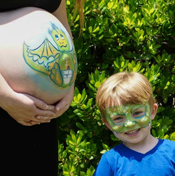 Dragon Belly and Dragon Big Brother face and body paint by Auntie Stacey Dennick, San Francisco Bay area face painter