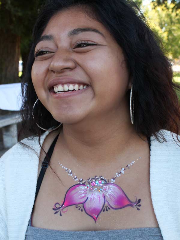 Half Lotus necklace fantasy body and face paint by Auntie Stacey's face painting, Sebastopol, CA