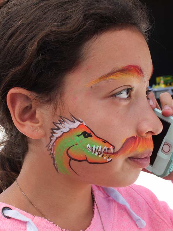 Dragon with Fire Mustache by Auntie Stacey's Face Painting, Northern California, SF Bay Area face and body painter 415-246-1227