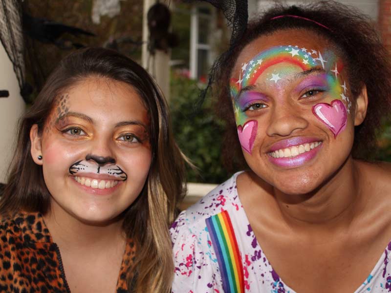 Leopard and clown face paint by Auntie Stacey's face painting, balloon twisting, children's entertainer, fun and games, best wine country face painter, Sonoma county, Santa Rosa