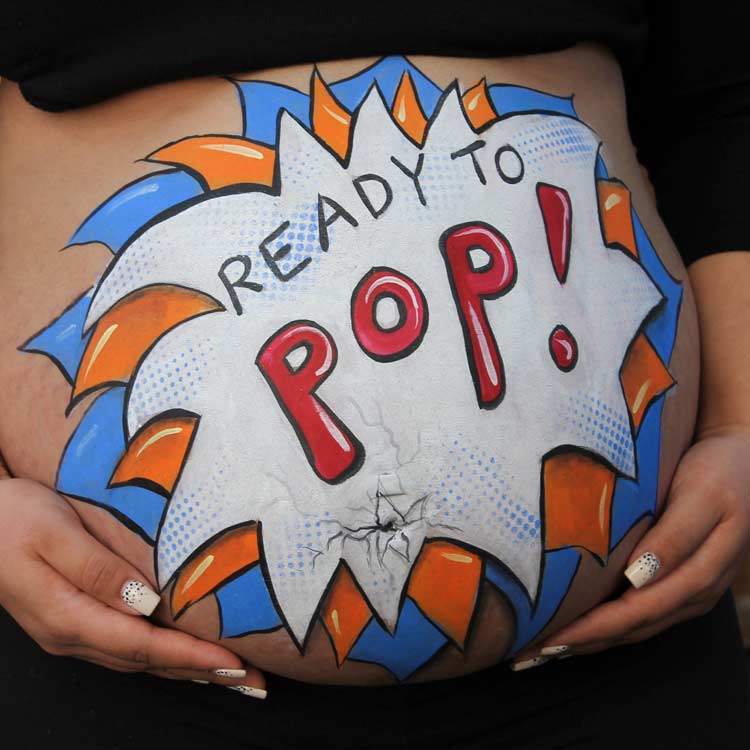 Ready To Pop! belly painting by Auntie Stacey's Face Painting, Santa Rosa, San Rafael, San Francisco bay area face and body painter, pregnant art baby shower