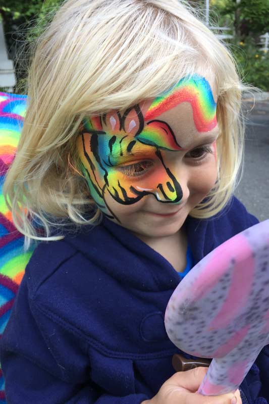 Rainbow zebra Auntie Stacey's Face Painting, balloon twisting, children's entertainment, party, kids, clown, fun, wine country face painter