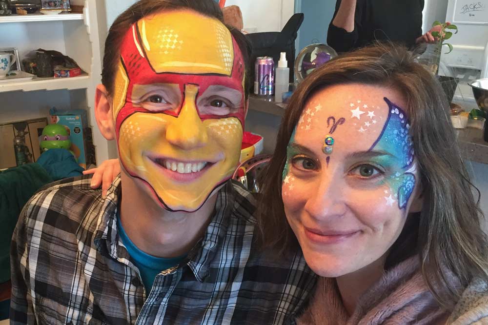 Iron Man and Butterfly Bling woman Auntie Stacey's Face Painting