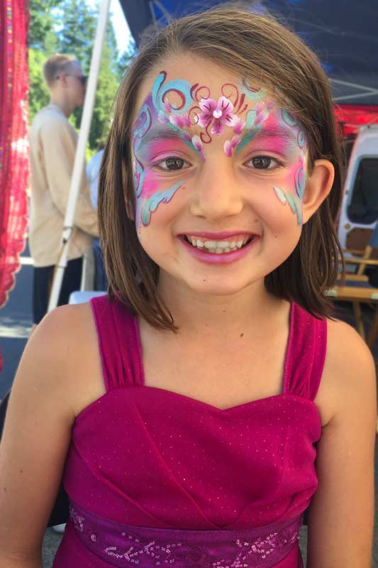 Pretty floral mask face paint by Aunty Stacey, Aunt Stacy, Auntie Stacey's Face Painting, Sonoma county, Santa Rosa, Petaluma, Sebastopol, Windsor, Kenwood, Wine Country, SF Bay area, balloons