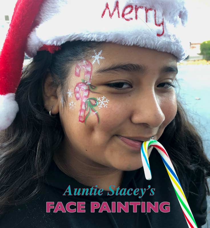 Christmas face paint by Auntie Stacey's Face Painting, Aunty Stacey, Aunt Stacy, Sonoma county, Santa Rosa, Petaluma, Sebastopol, Windsor, Calistoga, Cloverdale, Wine Country, SF Bay area, balloons