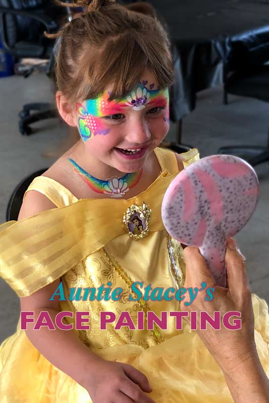 Rainbow Princess face paint Auntie Stacey's Face Painting, Aunty Stacey, Princess face paint by Aunt Stacy, Sonoma county, Santa Rosa, Petaluma, Sebastopol, Cloverdale, Novato, Sebastopol, Guerneville, Wine Country, SF Bay area, balloons