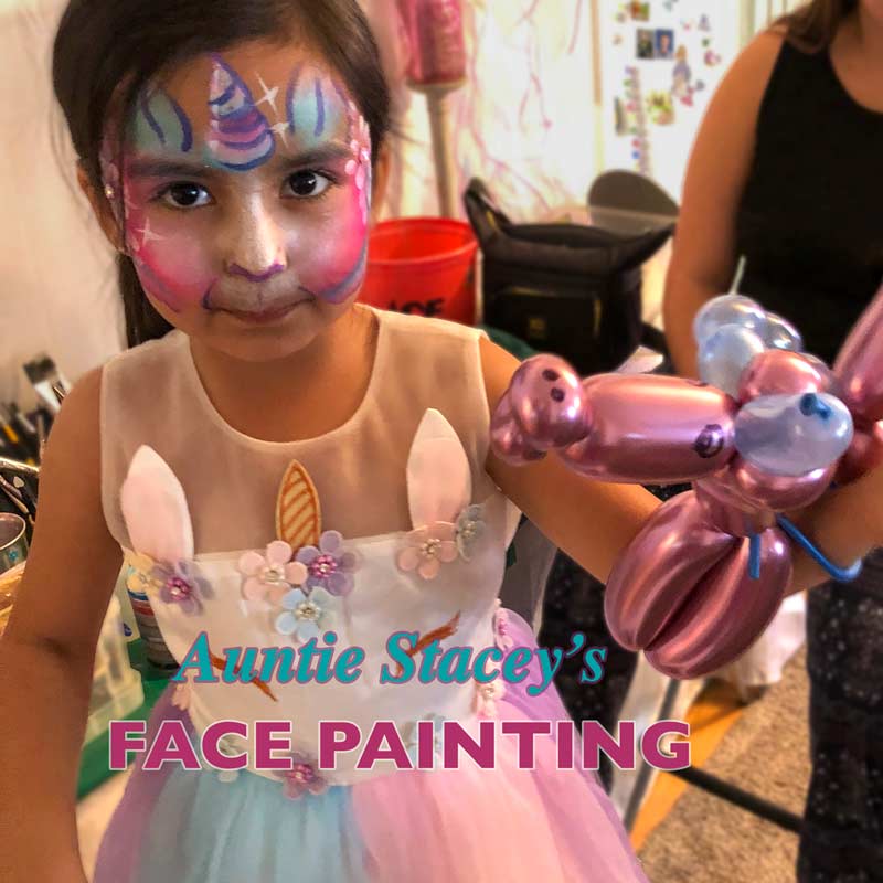 Unicorn face paint Auntie Stacey's Face Painting, Aunty Stacey, Aunt Stacy, Sonoma county, Santa Rosa, Petaluma, Sebastopol, Windsor, Cloverdale, Wine Country, SF Bay area, balloons
