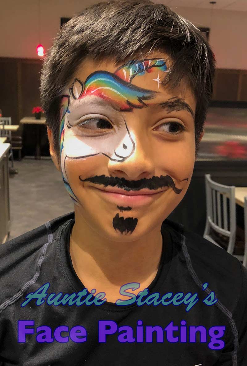 unicorn face paint Auntie Stacey's Face Painting, Aunty Stacey, Princess face paint by Aunt Stacy, Sonoma county, Santa Rosa, Petaluma, Sebastopol, Cloverdale, Novato, Sebastopol, Guerneville, Wine Country, SF Bay area, balloons