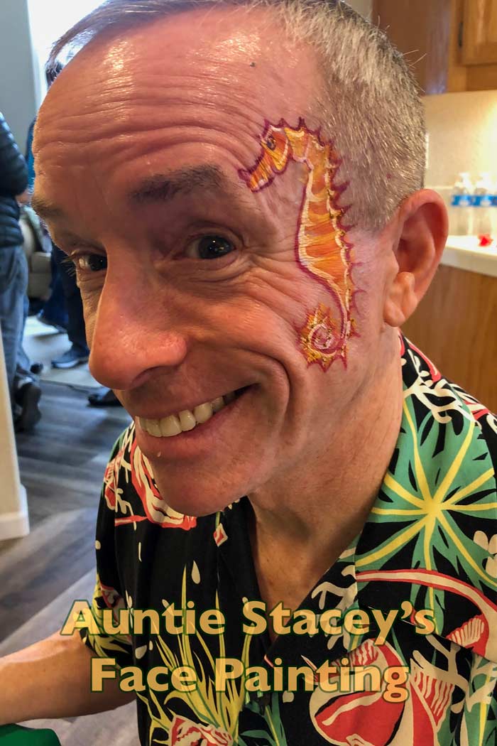 seahorse face paint Auntie Stacey's Face Painting, Aunty Stacey, Princess face paint by Aunt Stacy, Sonoma county, Santa Rosa, Petaluma, Sebastopol, Cloverdale, Novato, Sebastopol, Guerneville, Wine Country, SF Bay area, balloons