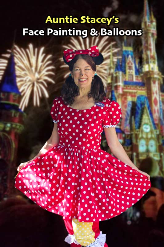 Auntie Stacey aka Minnie Mouse costume character face painting balloon twisting children's entertainment games Santa Rosa Mill Valley Petaluma