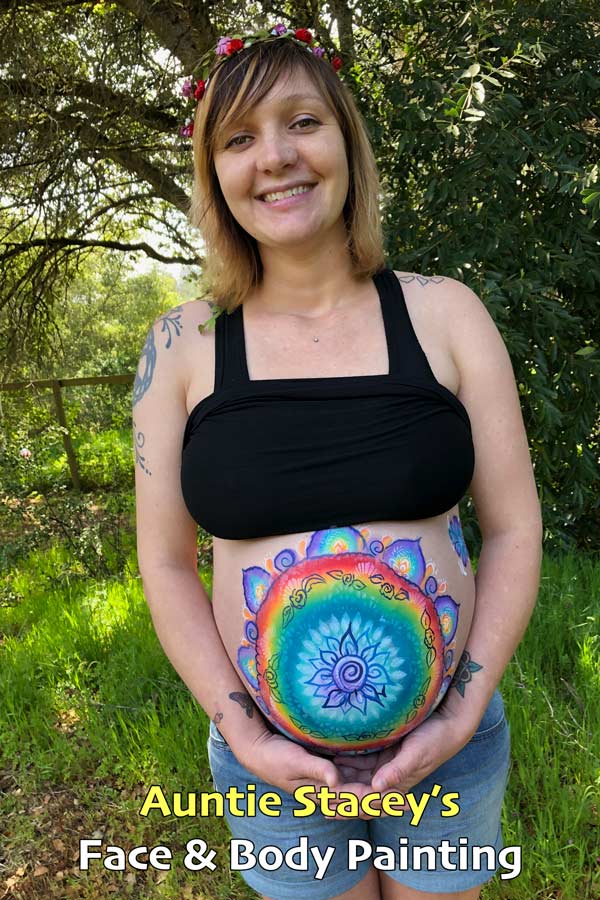 pregnant belly body painting by Auntie Stacey, Face paint Auntie Stacey's Face Painting, Aunty Stacey, Princess face paint by Aunt Stacy, Sonoma county, Santa Rosa, Petaluma, Sebastopol, Cloverdale, Novato, Sebastopol, Guerneville, Wine Country, SF Bay area, balloons