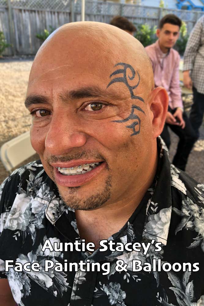 Mike Tyson style Tribal face paint by Auntie Stacey Face paint Auntie Stacey's Face Painting, Aunty Stacey, Princess face paint by Aunt Stacy, Sonoma county, Santa Rosa, Petaluma, Sebastopol, Cloverdale, Novato, Sebastopol, Guerneville, Wine Country, SF Bay area, balloons