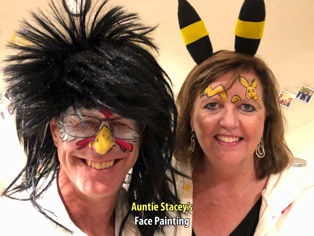 Chicken and Pikachu face paint by Auntie Stacey's Face Painting, Sebastopol, CA
