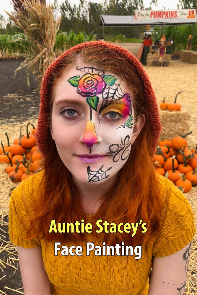 Dia de los Muertos Sugar Scull face paint by Auntie Stacey, at the Petaluma Pumpkin Patch