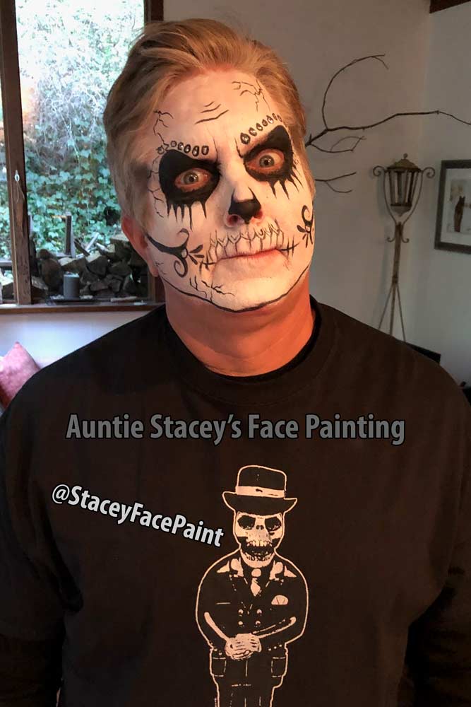 Scull Man face paint by Auntie Stacey, Sebastopol face paint by Auntie Stacey's Face Painting, Sebastopol, CA. Santa Rosa face painter, windsor face painter, Petaluma face painter, Novato face painter, Sonoma county face painter, wine country face painter